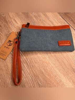 ORIS Canvas & Leather Wristlet Pouch – Blue Travel Clutch with Strap